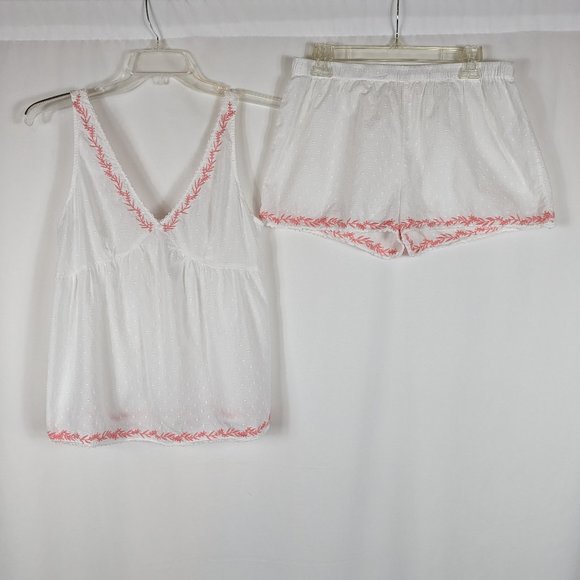 Shabby Chic Other - Shabby Chic White Pink Embroidered Pajama Set Semi Sheer Tank Top Shorts Sz L